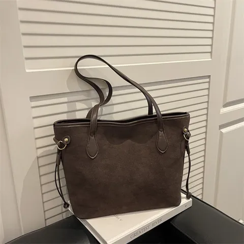 Women Vintage Frosted Synthetic Suede Large Capacity Tote Bag Autumn Winter Fashion Drawstring Shoulder Bag Versatile Commute Handbag
