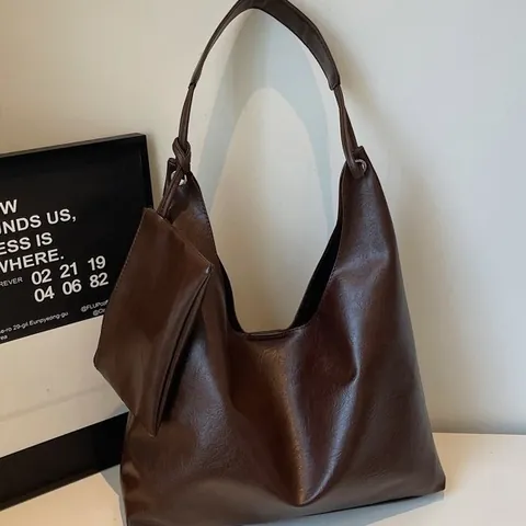 Women Large Capacity Hobo Bag Urban Minimalist PU Leather Shoulder Tote Bag With Hanging Pouch Retro Daily Commute Bag