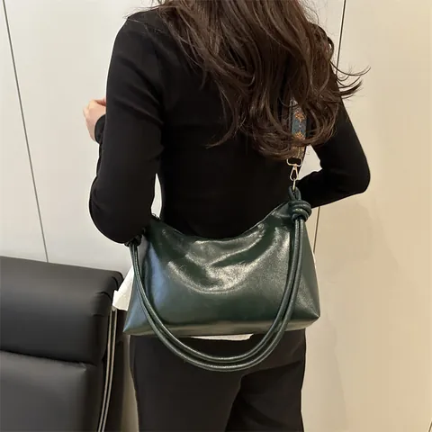 French Vintage PU Leather Tote Bag For Women Minimalist Knotted Shoulder Crossbody Bag With Jacquard Strap Underarm Bag