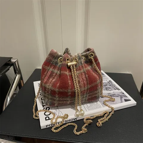 Women Plaid Woolen Bucket Bag Vintage Chain Crossbody Bag With Artificial Pearl Drawstring Tweed Handbag For Daily Shopping Gift