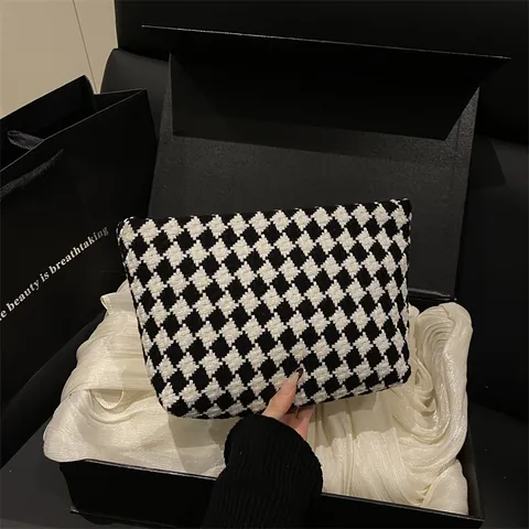 Trousse à Maquillage Tissée à Pied-de-poule Grande Capacité Organisateur de Voyage Portable Pochette Femme Style Rétro