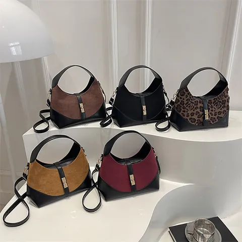 Women Spliced Hobo Bag Suede PU Leather Leopard Rose Print Shoulder Crossbody Bag With Metal Lock Retro Style