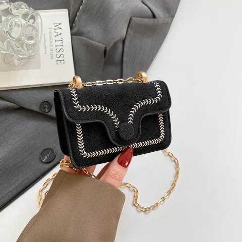 Koreaanse Stijl Geborduurde Mini Crossbody Tas Voor Dames Imitatiesuède PU Leer Kleine Vierkante Schoudertas Met Gouden Kettingriem