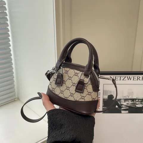 Women Vintage Monogram Mini Shell Bag PU Leather Crossbody Handbag Contrast Color Top Handle Micro Bag For Lipstick Coin