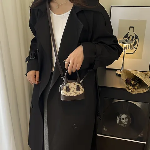 Women Vintage Monogram Mini Shell Bag PU Leather Crossbody Handbag Contrast Color Top Handle Micro Bag For Lipstick Coin
