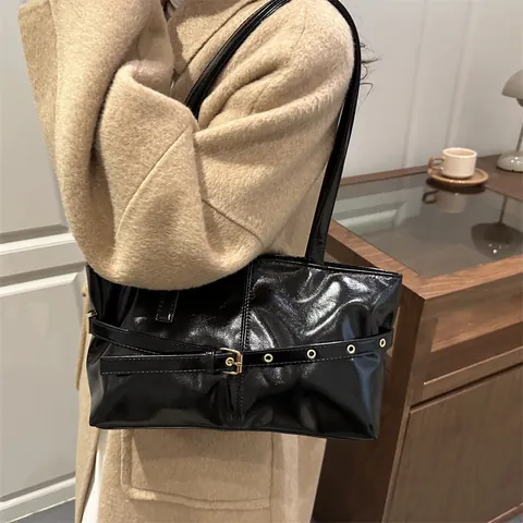 Women's Glossy PU Leather Tote Bag With Adjustable Belt Buckle Vintage Underarm Shoulder Bag For Work Travel Daily Office Lady