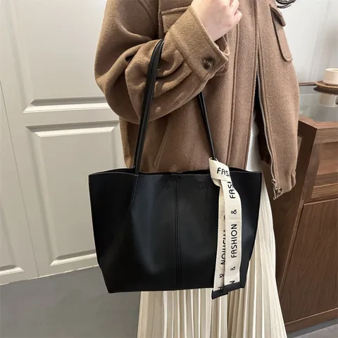 Damen Minimalistisch Große Kapazität PU Leder Einkaufstasche Set Mit Buchstabenband Schulterhandtasche Und Kleiner Tasche