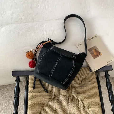 Women Retro Suede Synthetic Leather Bucket Bag With White Stitching And Colorful Pom-Pom Pendant Large Capacity Shoulder Bag