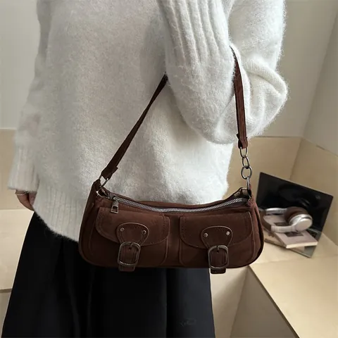 Vintage Suede Underarm Bag For Women Solid Color Multi Pockets With Metal Buckle Retro Baguette Shoulder Bag Casual Fashion Handbag