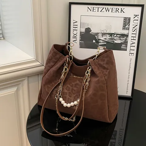 Borsa Tote Grande da Donna con Stampa Leopardata Vintage in Pelle PU Scamosciata Sintetica Catena Oro Perla Artificial Decoro Spalla