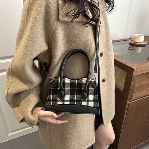 Bolso de Hombro con Empalme de Cuadros Vintage Para Mujer Bolso de Mano de Cuadros Retro Bolso de Bandoulière de Moda con Correa Ajustable