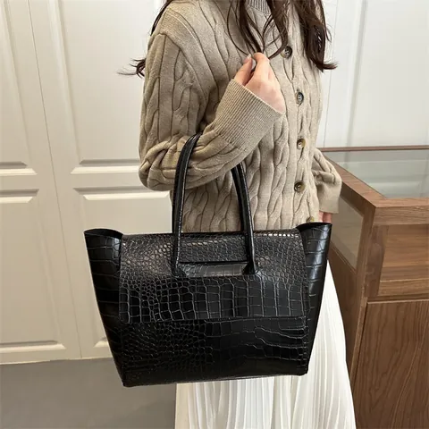 Sac Cabas Rétro Grande Capacité Motif Crocodile Femmes Cuir PU Navettage Sac à Main Vintage Sac à Épaule Style Urbain
