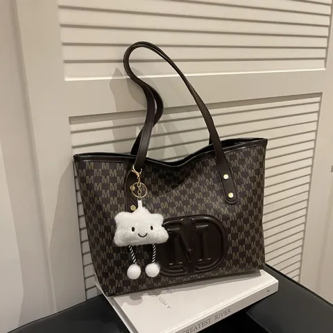 Women Large Capacity Tote Bag Synthetic Leather M Letter Monogram Print Handbag Shoulder Bag For College Office Casual Fashion