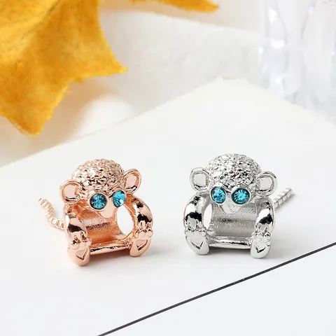 Abalorio de Mono de Aleación Con Ojos de Circonita Azul Para Creación de Joyas DIY Bañado en Plata y Oro Rosa Regalo