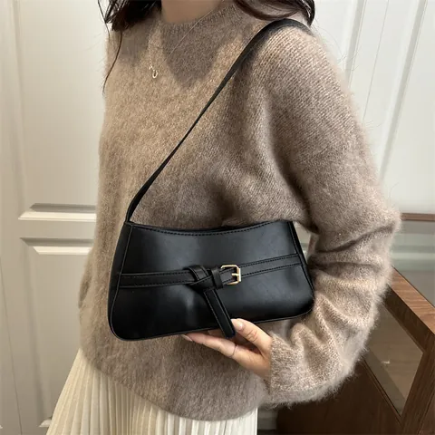French Retro PU Leather Underarm Bag For Women Minimalist Solid Color Shoulder Bag With Belt Buckle Decor Commuting Bag