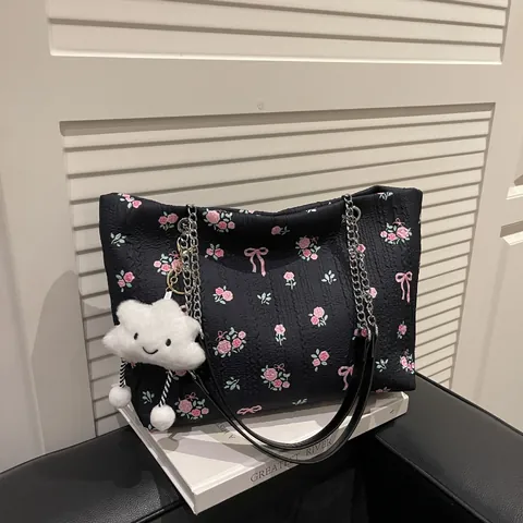 Women Floral Print Tote Bag Sweet Rose Bow Pattern Jacquard Fabric Shoulder Bag With Chain Strap And Cloud Charm Handbag