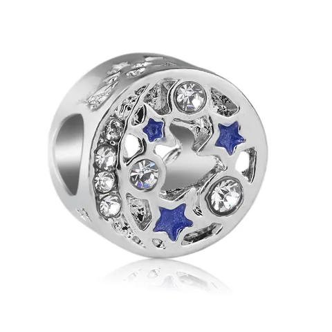 Alloy Blue Enamel Star Hollow Round Charm Bead Rhinestones For DIY Fashion Snake Chain Bracelet Jewelry Making