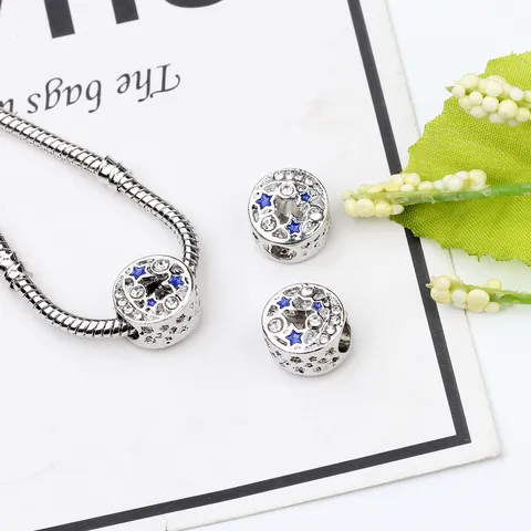 Alloy Blue Enamel Star Hollow Round Charm Bead Rhinestones For DIY Fashion Snake Chain Bracelet Jewelry Making