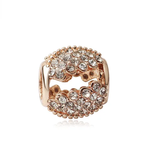 Rose Gold Plated Alloy Hollow Flower Charm Bead With Sparkling Rhinestones DIY Jewelry Making For Snake Chain Bracelet