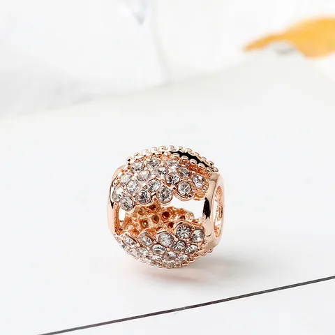 Rose Gold Plated Alloy Hollow Flower Charm Bead With Sparkling Rhinestones DIY Jewelry Making For Snake Chain Bracelet
