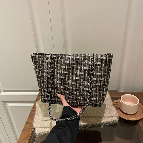 Mode Tweed Geruite Ketting Schoudertas Voor Vrouwen Vintage Elegante Plaid Tote Bag Met Metalen Kettingriem Dagelijks Woon-werkverkeer