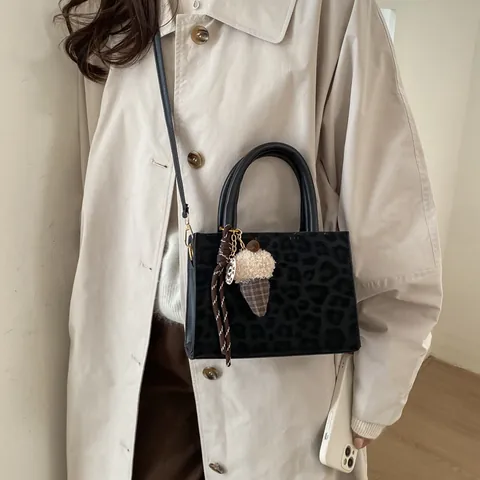 Women Retro Leopard Print PU Leather Handbag Casual Shoulder Crossbody Bag Large Capacity Tote With Ice Cream Pendant