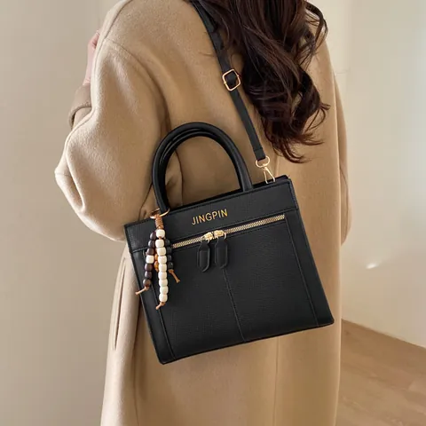Bolso de Mano Retro con Estampado de Espiga para Mujer Bolso Bandolera de Cuero Sintético con Borla de Cuentas de Madera
