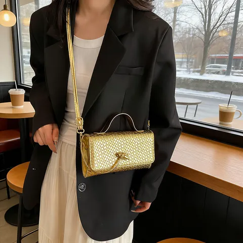 Damen Gewebte Baguette Tasche PU Leder Abendhandtasche Mit Metall Knoten Verschluss Schulter Umhängetasche Für Bankett Party