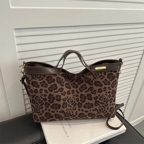 Women Suede Leopard Rose Print Tote Bag Vintage Large Capacity Handbag Simple Crossbody Shoulder Bag PU Leather Splice Purse