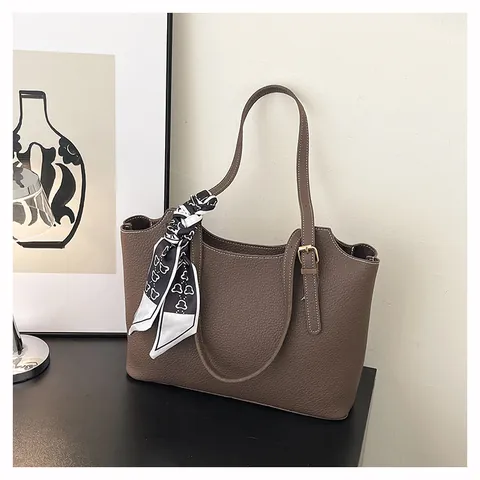 Women Large Capacity Litchi Pattern PU Leather Tote Bag Minimalism Shoulder Bag With Satin Scarf For Office Commute Daily