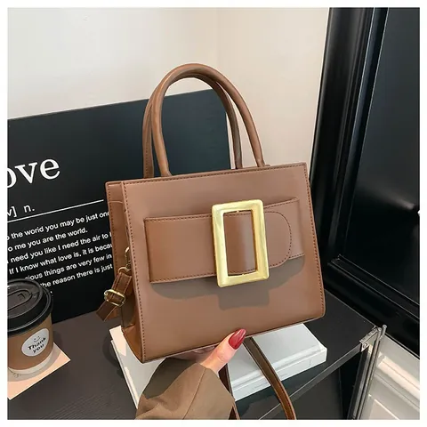 Women Faux Leather Handbag Square Metal Buckle Crossbody Bag Adjustable Strap Solid Color Minimalist Fashion Handle Bag