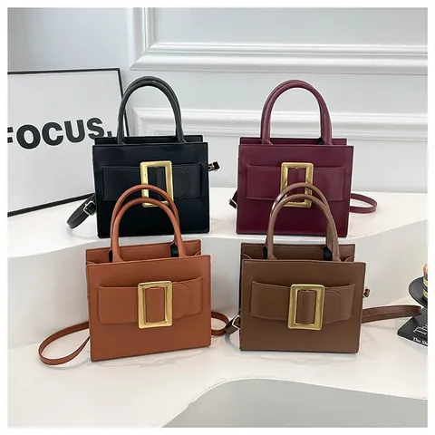 Women Faux Leather Handbag Square Metal Buckle Crossbody Bag Adjustable Strap Solid Color Minimalist Fashion Handle Bag