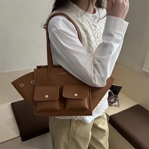 Borsa Tote da Donna Vintage Grande Capacità a Forma di Ala Pelle Sintetica Grana Litchi Borsa a Spalla con Tasche Frontali