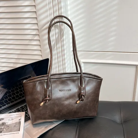 Vintage Women Microfiber Tote Bag With Fashion Lettering Knot Shoulder Bag Casual Large Capacity Commuting Handbag