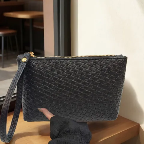 Fashion Woven PU Leather Clutch Bag For Men And Women Business Large Capacity Envelope Wristlet Pouch Zipper Handheld Handbag