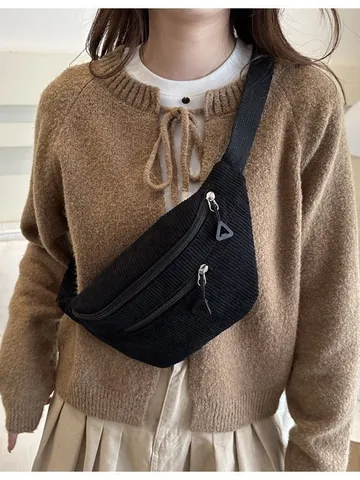 Women Corduroy Waist Bag Vintage Casual Chest Bag With Adjustable Strap Lightweight Multi Compartment Crossbody Belt Bag