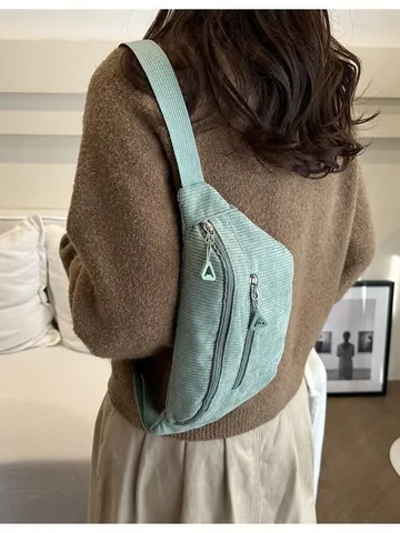 Women Corduroy Waist Bag Vintage Casual Chest Bag With Adjustable Strap Lightweight Multi Compartment Crossbody Belt Bag