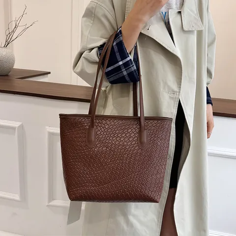 Große Gewebte Einkaufstasche Für Damen Minimalistisch PU Leder Schultertasche Vintage Geflochten Handtasche Damen Arbeit
