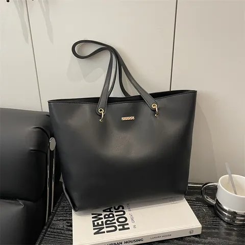 Minimalist Large Capacity Tote Bag For Women Synthetic Leather Solid Color Commuter Shoulder Bag With Gold Metal Decor Handbag