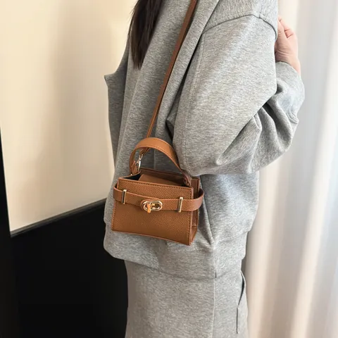 Dames Gekorreld Synthetisch Leer Mini Vierkante Tas Gouden Slot Handvat Schouder Crossbody Tas Met Verstelbare Band