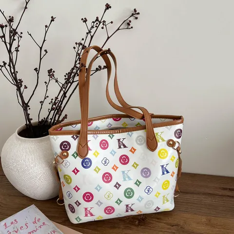 Grote Capaciteit Draagtas Vrouwen Retro PU Leer Meerkleurige Monogram Gedrukte Schoudertas Dagelijks Mode Handtas