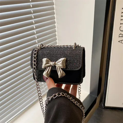 Borsa a Tracolla Mini Donna con Fiocco Glitter Paillettes Pelle PU Piccola Borsa Quadrata con Catena Argento Borsa da Festa Moda