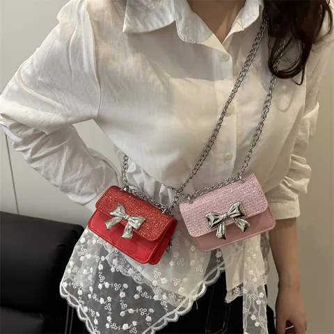 Borsa a Tracolla Mini Donna con Fiocco Glitter Paillettes Pelle PU Piccola Borsa Quadrata con Catena Argento Borsa da Festa Moda