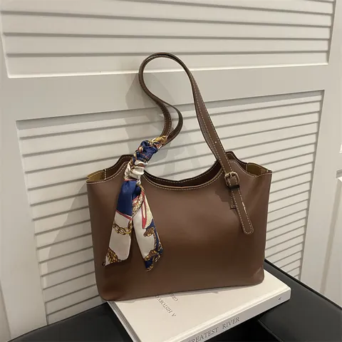 Fashion Women Tote Bag Large Capacity PU Leather Shoulder Bag With Decorative Scarf Contrast Stitching Commute Handbag