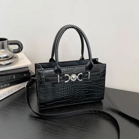 Sac à Main en Cuir PU pour Femme Motif Crocodile Petit Sac Fourre-tout Carré Avec Boucle Coeur Bandoulière Réglable Sac à Bandoulière