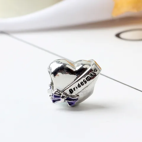 Breloque Cœur Bridesmaid en Alliage Argenté Avec Nœud en Émail Violet Pour Création de Bijoux DIY Bracelet Cadeau Femme