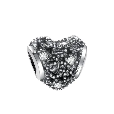 Vintage Antique Silver Color Alloy Heart Charm Bead Clear Zirconia Beaded Texture Large Hole Charm For DIY Bracelet Women Jewelry