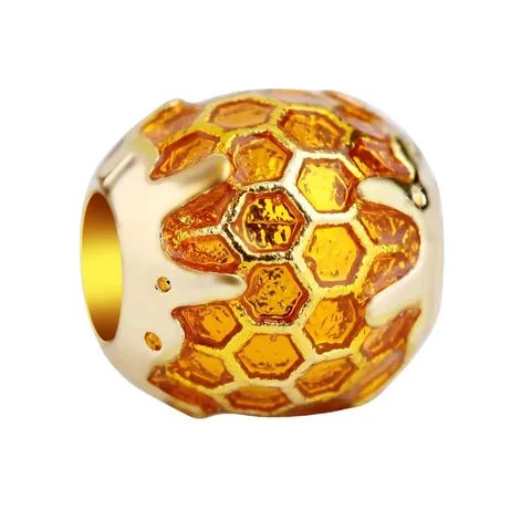 Honeycomb Alloy Enamel Large Hole Charm Bead For Women DIY European Bracelet Making Fashion Accessory Gold Amber