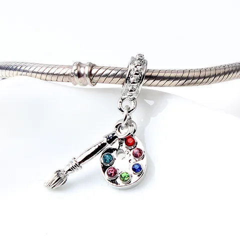 Artist Palette And Paint Brush Dangle Charm Alloy Zirconia Inlaid Pendant For DIY Jewelry Making Bracelet Necklace Women Jewelry Accessory