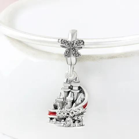 Vintage Alloy Red Enamel Castle Charm Pendant With Rhinestone Bowknot For DIY Bracelet Necklace Jewelry Making Women Kids